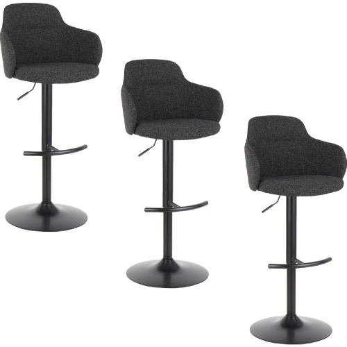 Boyne Adjustable Swivel Bar Stool in Black Metal & Dark Grey Noise Fabric (Set of 3)